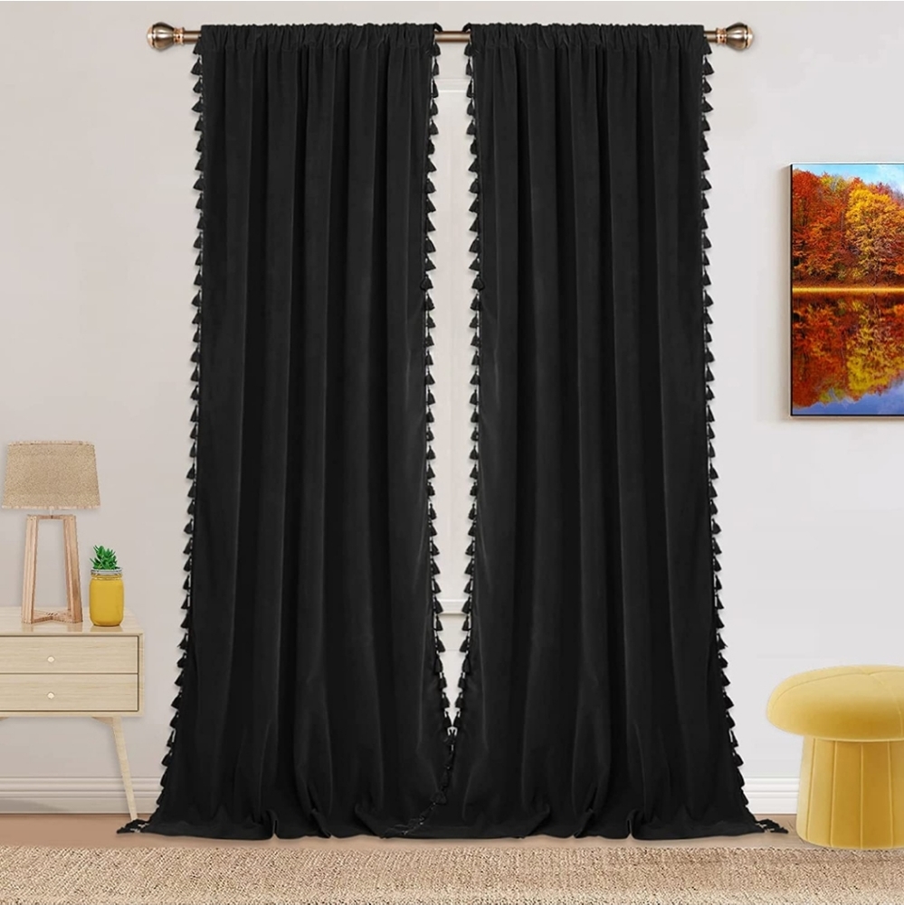 Velvet Curtains | Boho | Tassels | Room Darkening | 42 x 108 inches - 2 panels